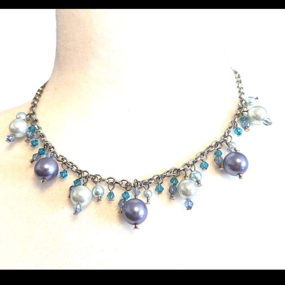Lavender & Blue Faux Pearl Choker Necklace Silver Tone Blue Facetted Crystals